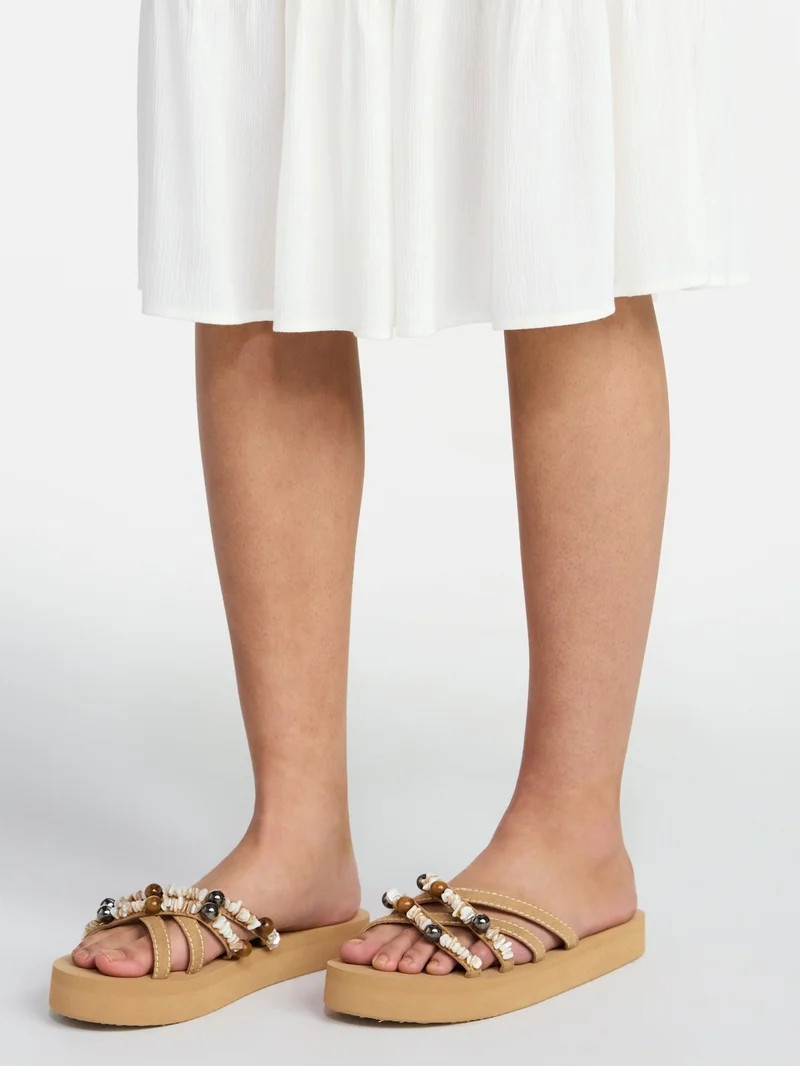 No Boundaries Faux Suede Flip Flop Sandals with Shell Embellishments, Women's | Walmart (US)