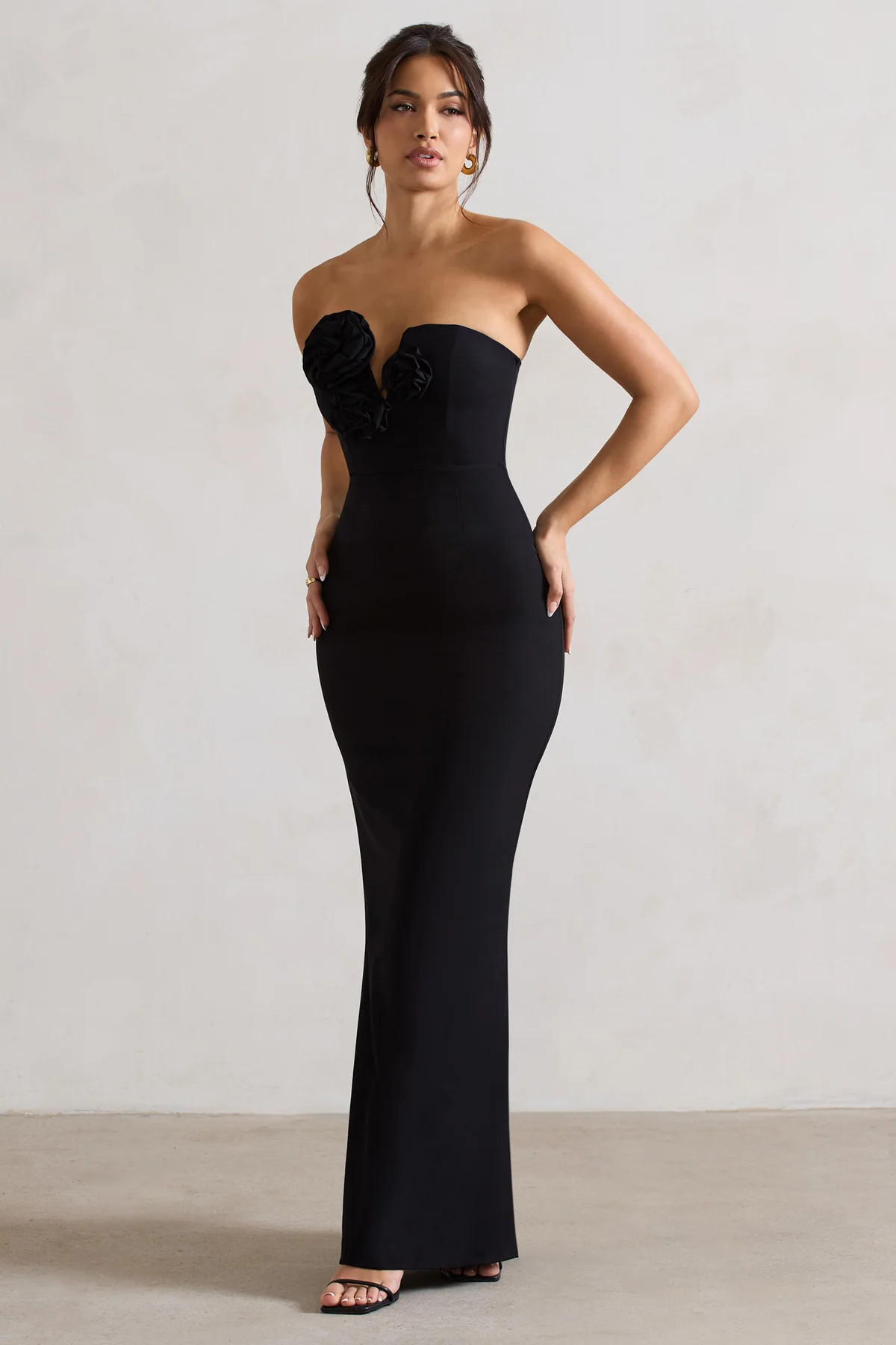 Enticed | Black Strapless V-Neck Maxi Dress With Flowers | Club L London