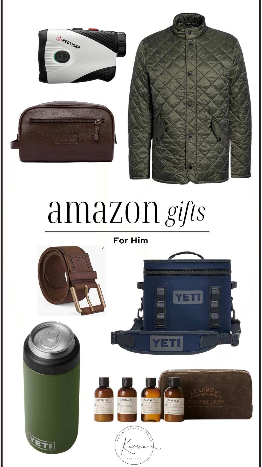 Gift ideas for him from Amazon! 
Barbour jacket, leather toiletry case yeti cooler yeti water bottle leather belt videotape recorder and shower bath sets

#LTKSaleAlert #LTKCyberWeek #LTKMens