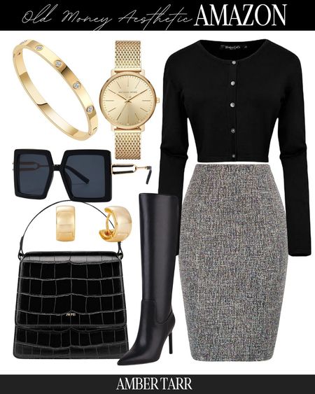 Old money aesthetic outfit. Cardigan, tweed pencil skirt,  classic handbag and gold accessories. 

#LTKover40 #LTKfindsunder50 #LTKfindsunder100