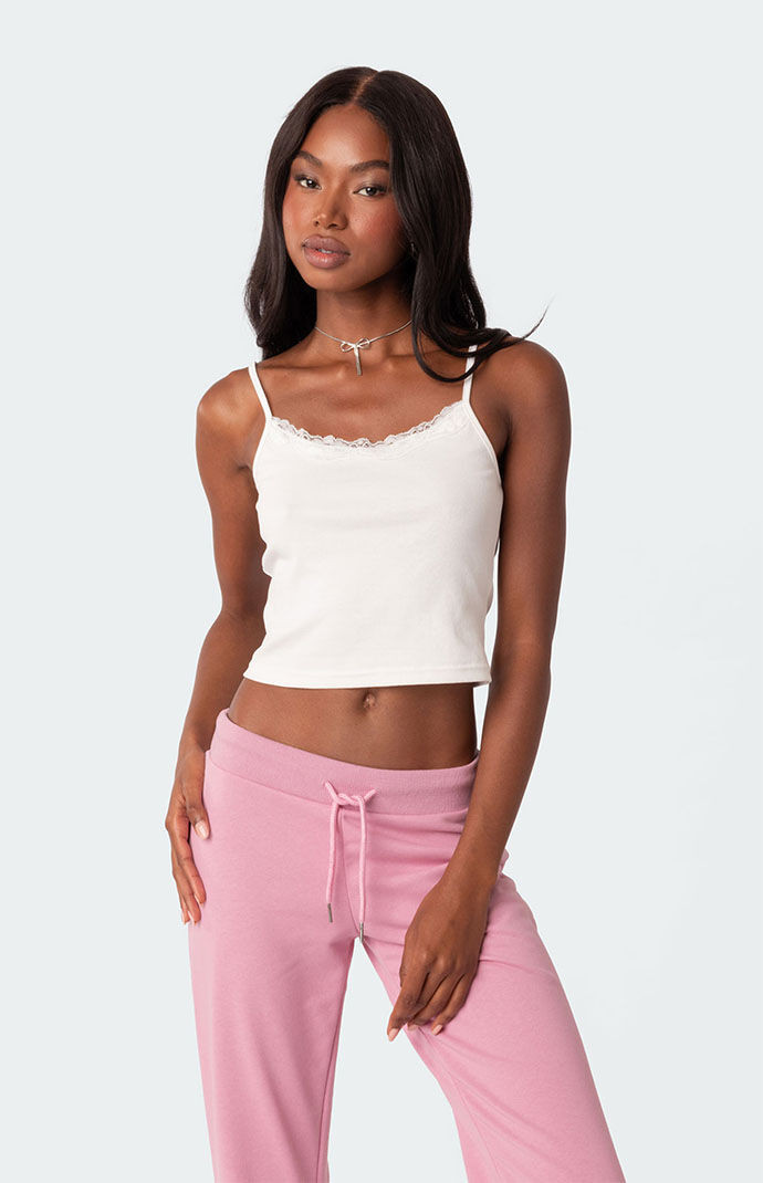 Edikted Women's Lace Trim Ribbed Tank Top in White - Size Medium | PacSun