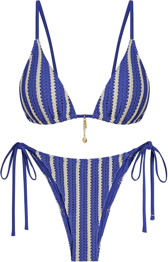 ZAFUL Bikini Sets for Women Crochet Swimsuits Striped Triangle Knit Cheeky Bikini Two Piece Swimw... | Amazon (US)