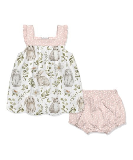 Little Millie White Bunny Garden Yoke Babydoll Dress & Pink Dot Diaper Cover - Infant & Toddler | Zulily