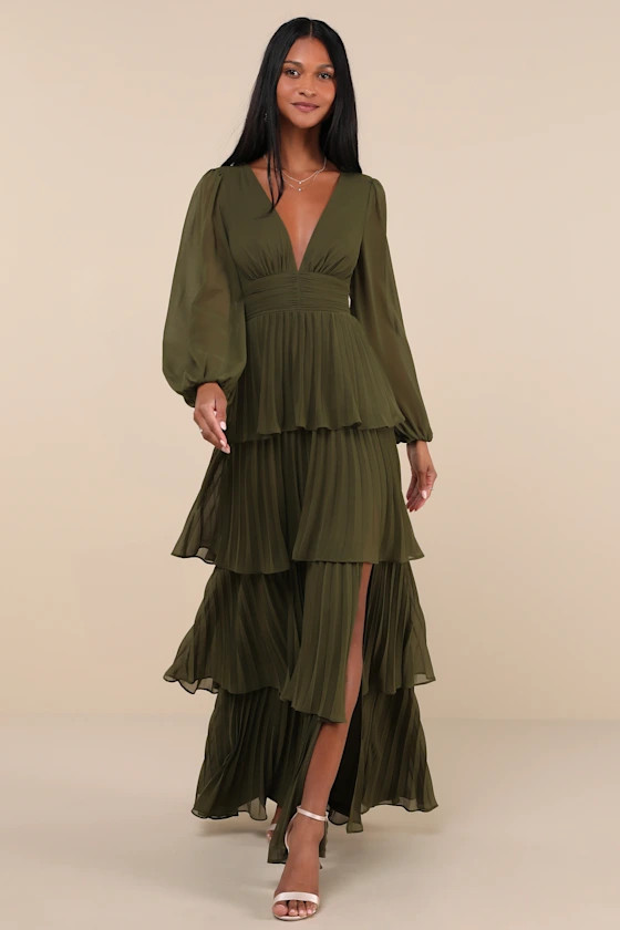 Graceful Finesse Olive Green Pleated Long Sleeve Maxi Dress | Lulus