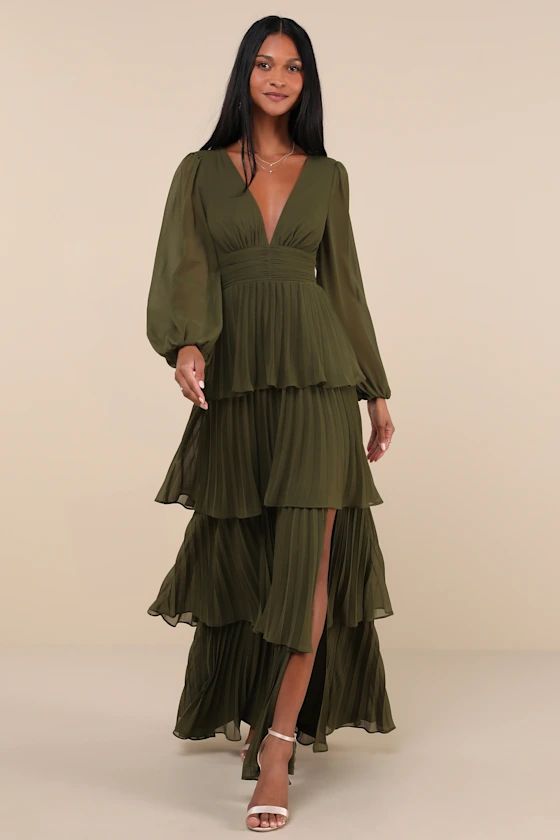 Graceful Finesse Olive Green Pleated Long Sleeve Maxi Dress | Lulus