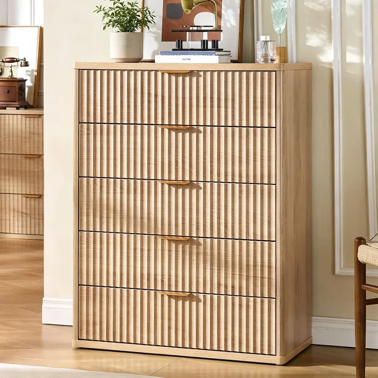 LELELINKY 41" Fluted 5-Drawer Dresser, Farmhouse Chest with Metal Handle & Curved Profile for Bed... | Walmart (US)