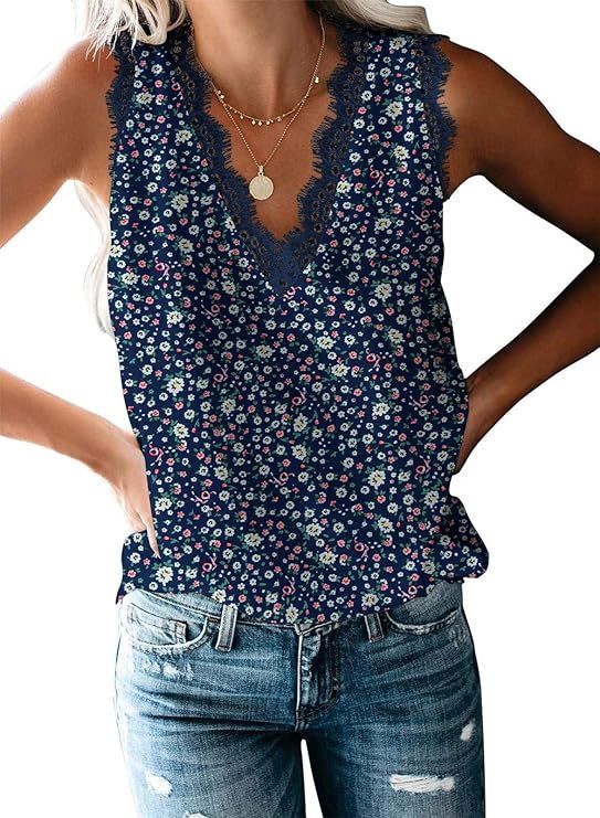 VIISHOW Women's V Neck Lace Trim Casual Tank Tops Sleeveless Chiffon Blouses Shirts | Amazon (US)