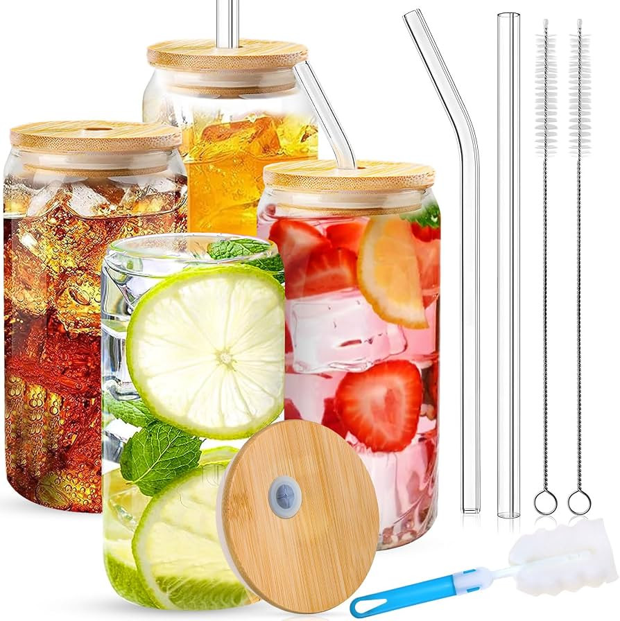 MAISITOO Cocktailgläser mit Deckel und Strohhalm,600ml Can Longdrinkglas,Eiskaffee Gläser mit 4... | Amazon (DE)