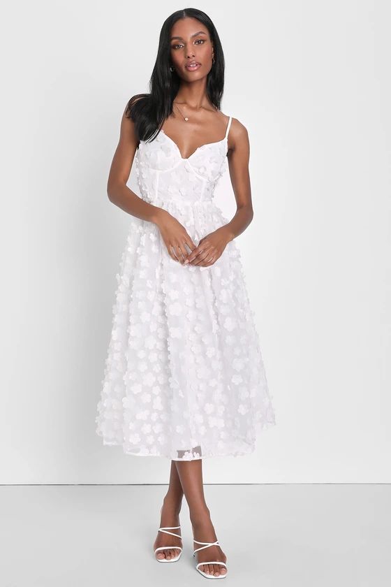 Whimsical Wishes White 3D Floral Bustier Midi Dress | Lulus
