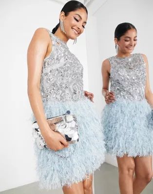 ASOS EDITION sequin cutwork mini dress with faux feather hem in blue | ASOS (Global)