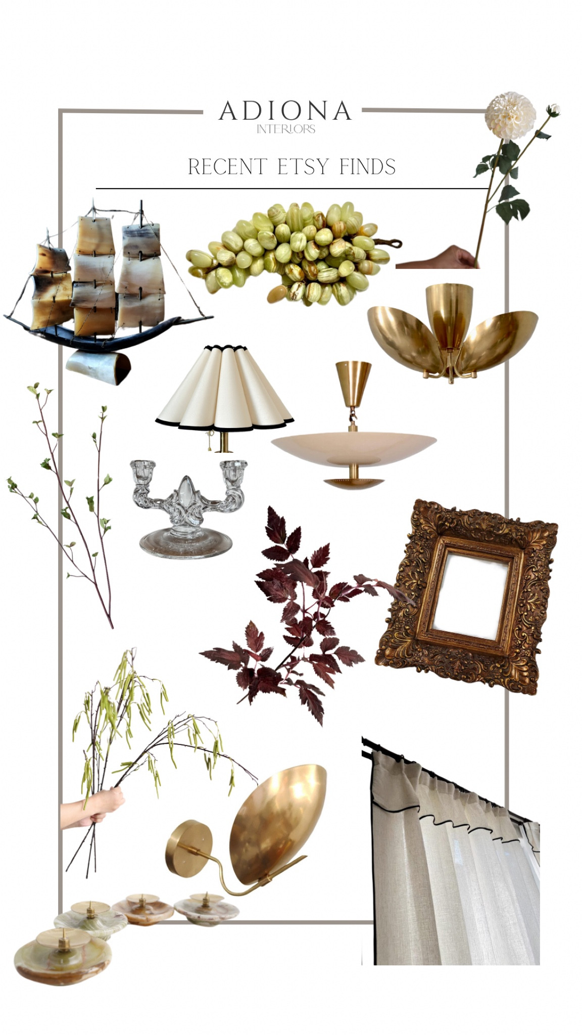 Recent Etsy finds to die for 

Candle holders, vintage picture frame, lamp shade, curtains, faux stems, faux floral, faux greenery, wall sconce, ship sculpture, marble grapes 

#LTKSeasonal #LTKStyleTip #LTKHome