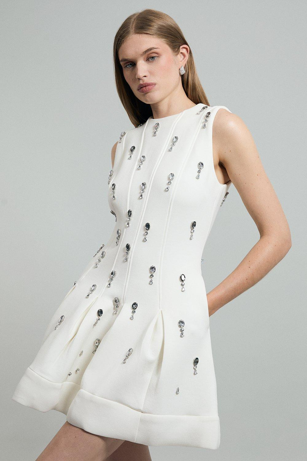 Crystal Embellished Premium Scuba Jersey Mini Dress | Karen Millen US