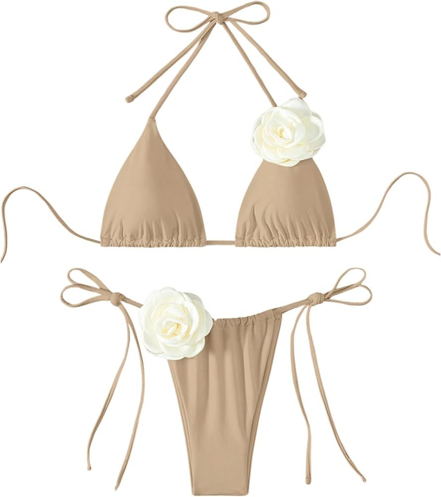 OYOANGLE Women's Bikini Set 2 Piece Floral Appliques Tie Backless Halter Triangle Swimsuit Tie Si... | Amazon (US)