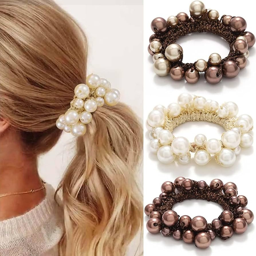 Fashey Pearl Hair Ties Beaded Hair Scrunchies Elastic Ponytail Holder 3 Pcs Pearls Hair Bands Hai... | Amazon (US)