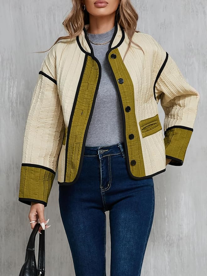 Tankaneo Womens Cropped Quilted Jacket Lightweight Button Down Long Sleeve Color Block Loose Coat... | Amazon (US)