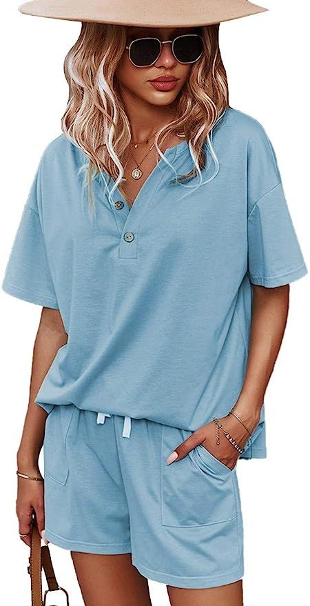 CORSKI Women's Short Sleeve Sweatsuit Sets Lounge 2 Piece V Neck Tracksuit Casual Loose Fit Outfi... | Amazon (US)