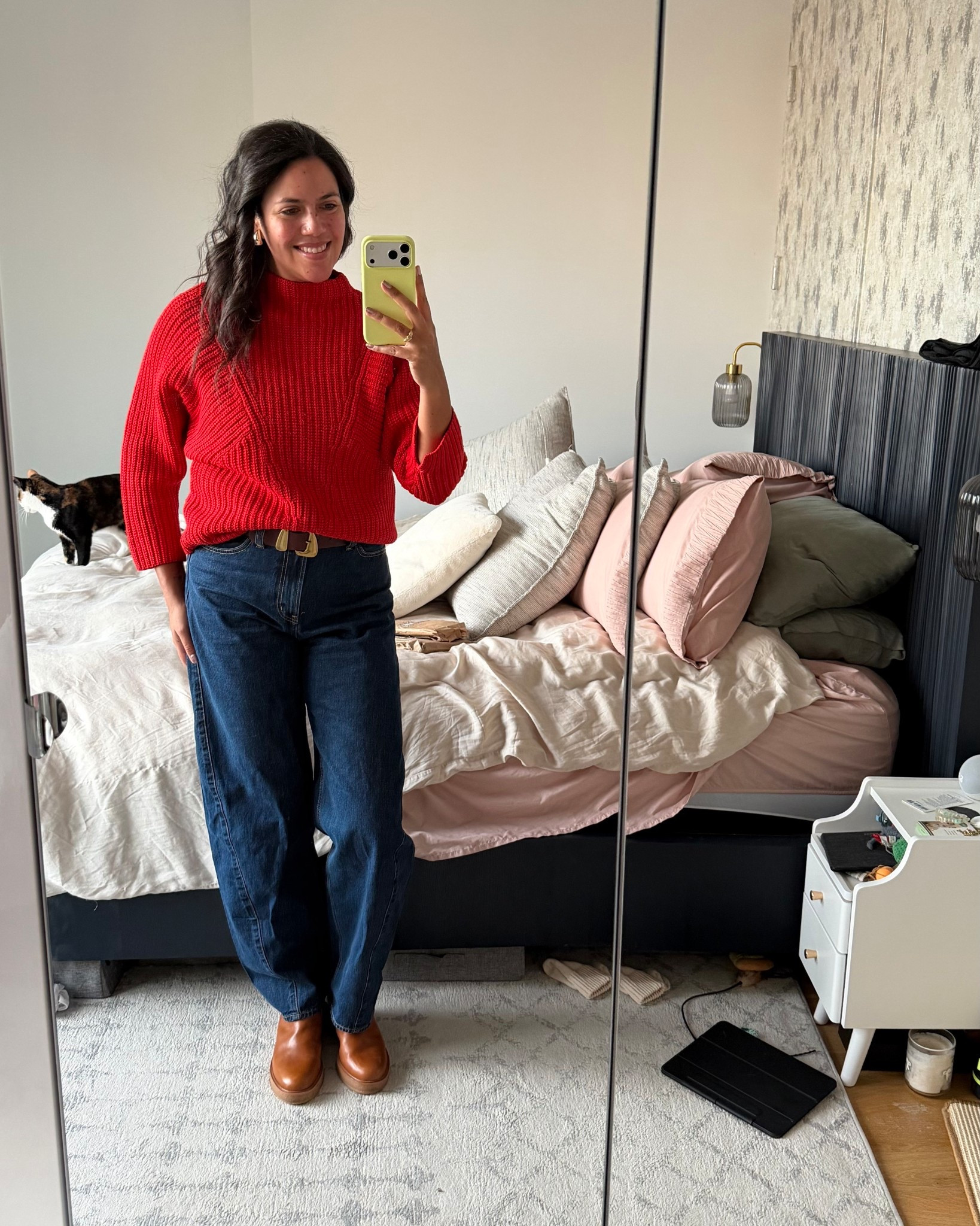 Casual dinner outfit with a pop of color for the beginning of spring! 
Thick red sweater by Equipment (size L, TTS)
Dark rinse barrel jeans by Gap (size 30 Tall, TTS)
Tan Chelsea boots by Madewell (size 10, TTS)
Dark brown belt with gold buckle by Madewell
Gold drop earrings from Amazon

#LTKMidsize #LTKootd #LTKTall