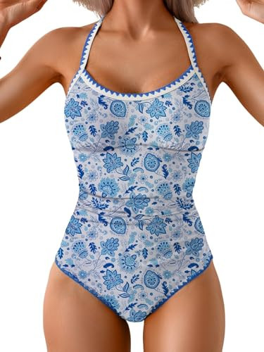 Eomenie Women's One Piece Swimsuit Tummy Control Slimming Bathing Suit Ruched Swimwear Tie Back Shell Stitch Swim Suit Blue Floral | Amazon (US)