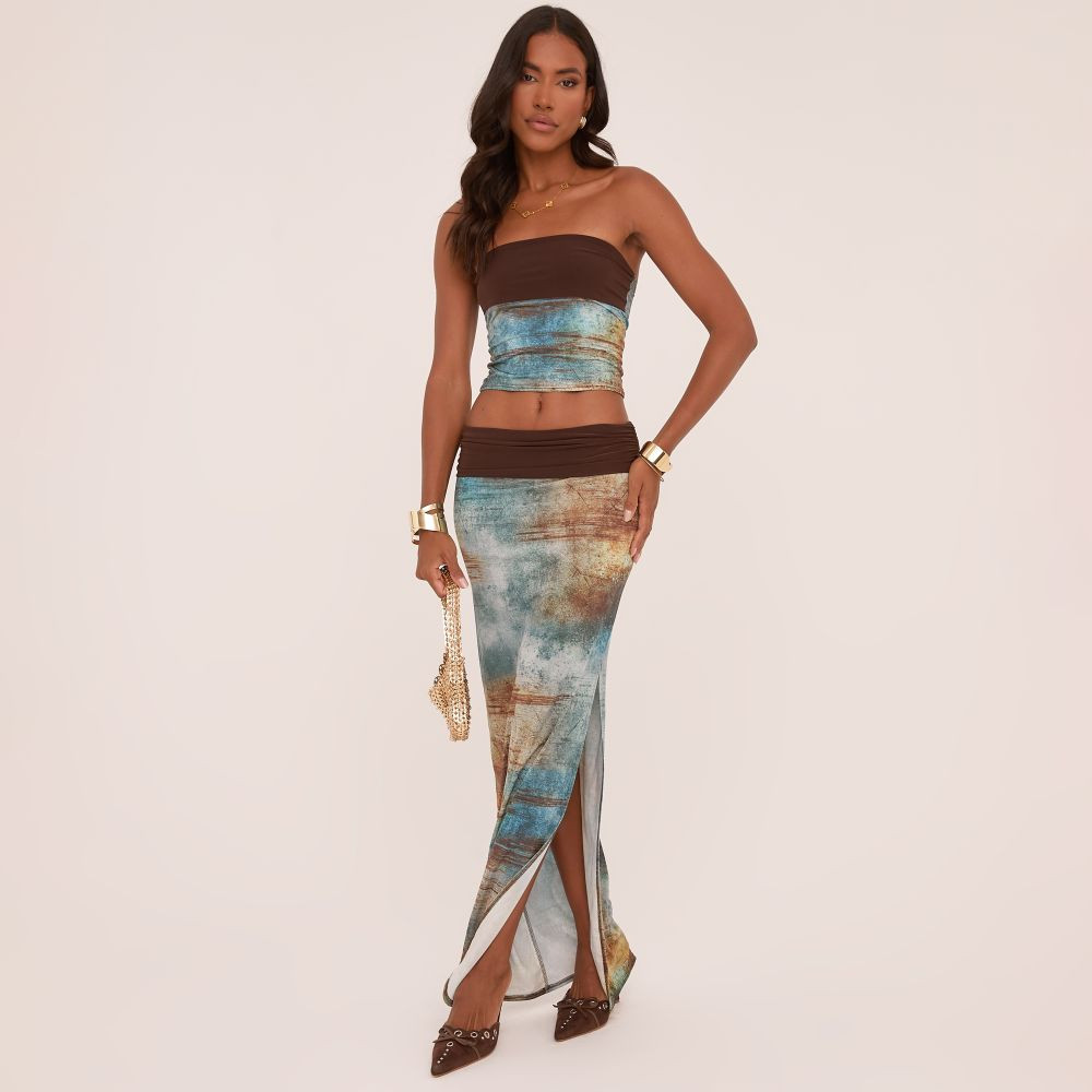 Contrast Fold Over Waistband Maxi Skirt In Green Abstract Print Slinky | EGO (UK)