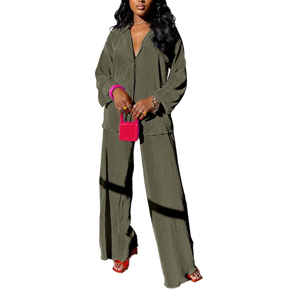 kaimimei Casual 2 Piece Outfit for Women - Linen Long Sleeve Button Down Shirt + Flare Pleated Wi... | Amazon (US)