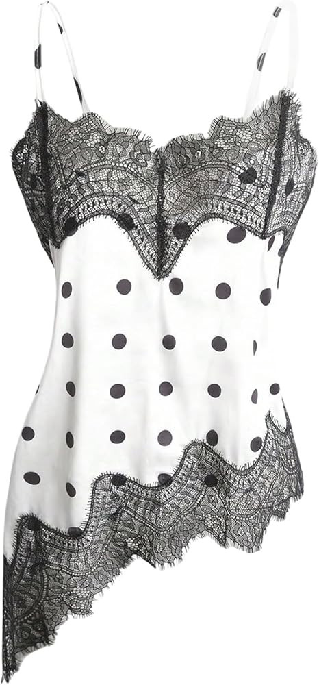 WDIRARA Camisola de encaje con lunares para mujer, cuello en V, sin mangas, dobladillo asim\u00e9... | Amazon (US)