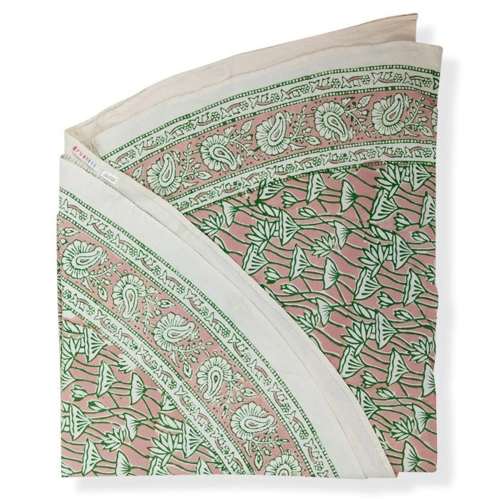 Pink & Green Lotus Bloom Block Print Round Tablecloth | The Well Appointed House, LLC