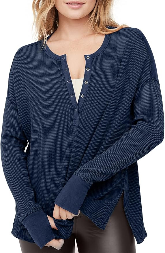 Tankaneo Womens Long Sleeve Henley Shirts Deep V Neck Waffle Knit Tunic Tops with Thumb Hole | Amazon (US)