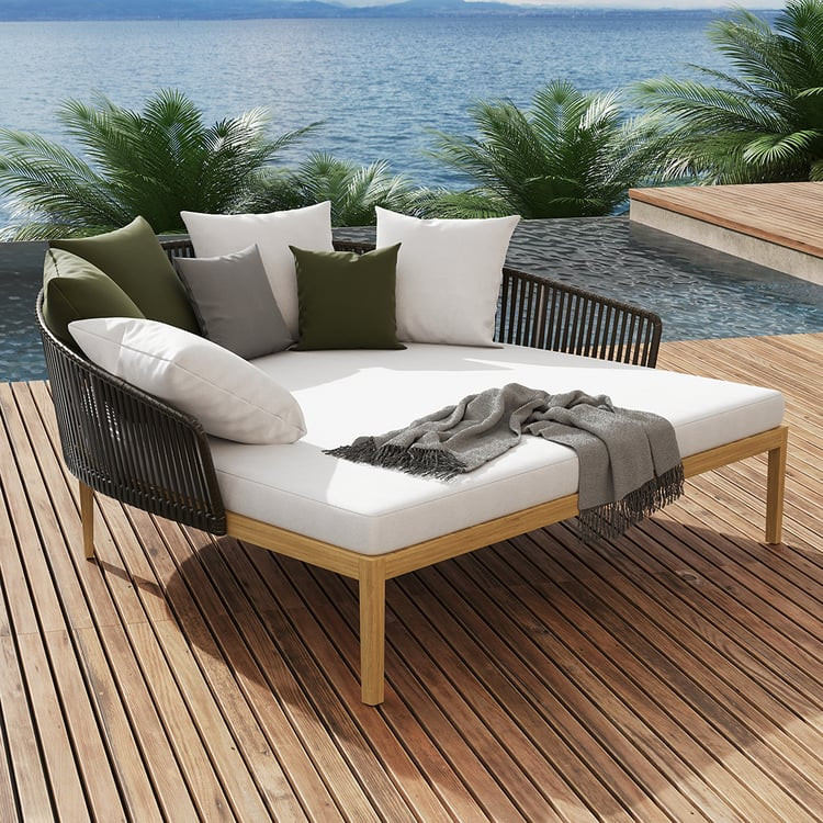 Modern Style PE Rattan Outdoor Daybed with Cushion Pillow in White & Coffee | Homary