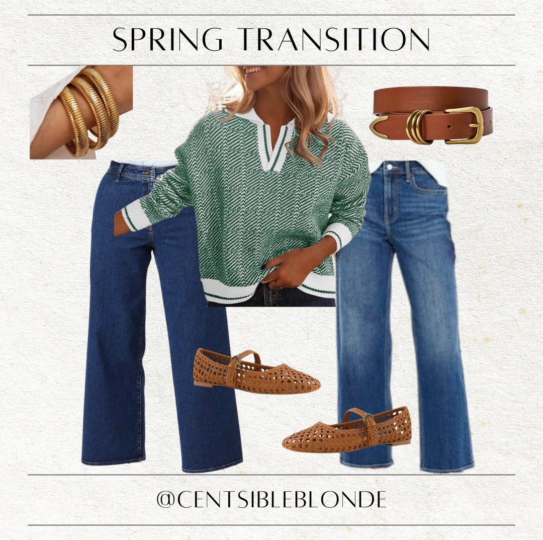 Spring outfit, spring transition outfit, green sweater, wide leg jeans, sailor leg jeans, brown belt, cognac and gold belt, gold bracelets, brown Mary Jane’s, brown flats, weekend outfit, weekend style, brunch outfit, ballet flats, affordable fashion