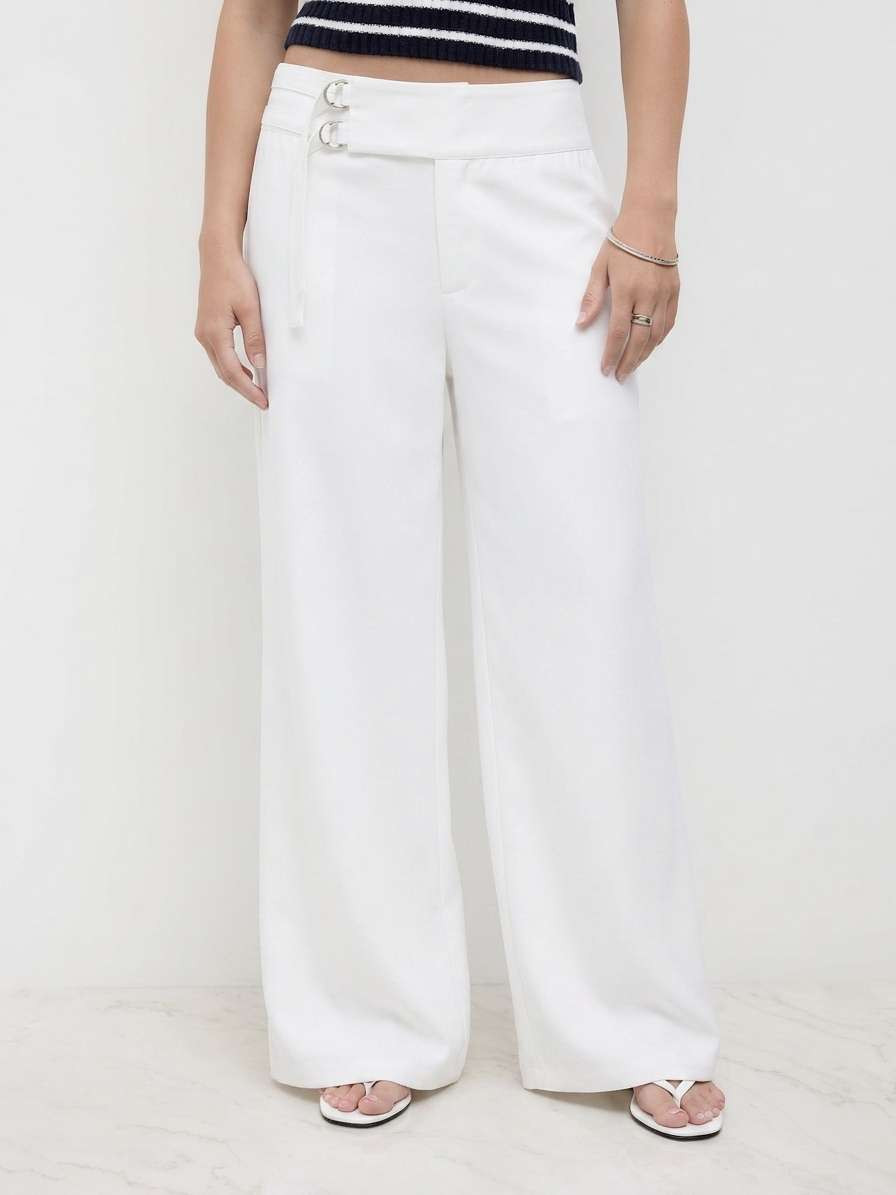 Linen-blend Low Rise Metal Detail Wide Leg Trousers | Cider