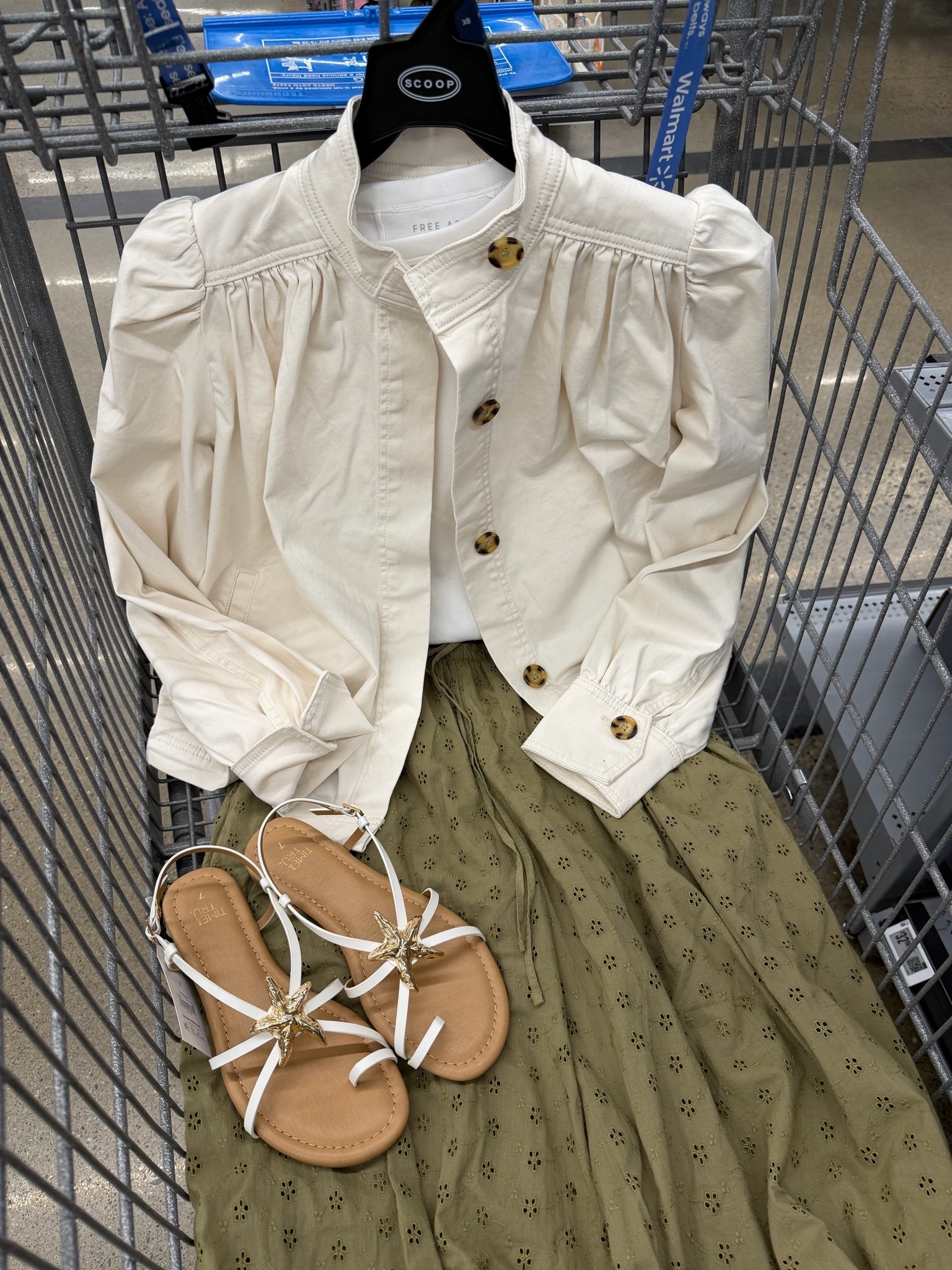 Walmart summer outfit idea with these cotton eyelet harem pants, white tee shirt and puff sleeve jacket. Strappy sandals with a coastal starfish finish the look, but you could do a ballet flat for work or even a low profile sneaker for running errands. #walmartfashion