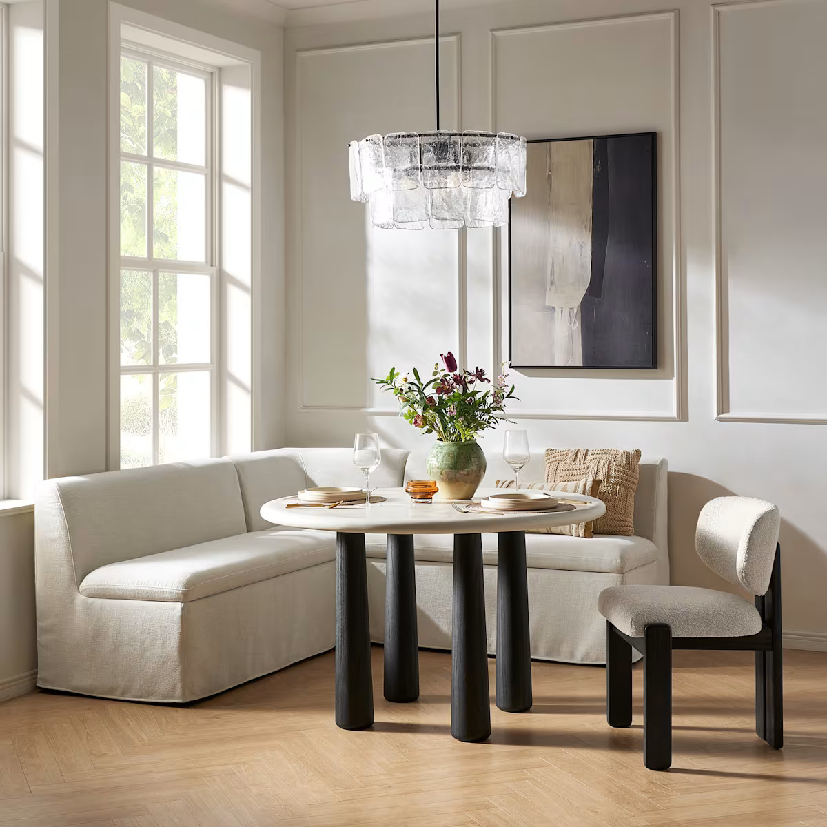 Extended Slipcovered L-Shaped Storage Banquette - White | Callie by Castlery | Castlery US