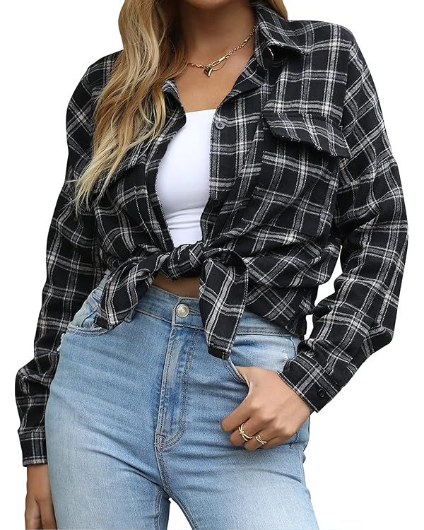 Blooming Jelly Women's Button Down Flannel Shirts Plaid Shacket Long Sleeve Collared Business Cas... | Amazon (US)