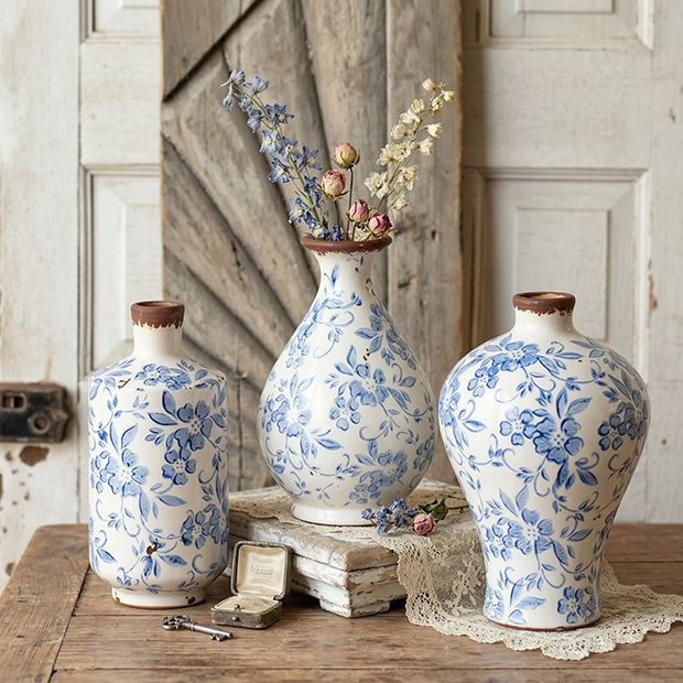 3 Piece Blue Floral Terracotta Bud Vase Collection | Antique Farm House