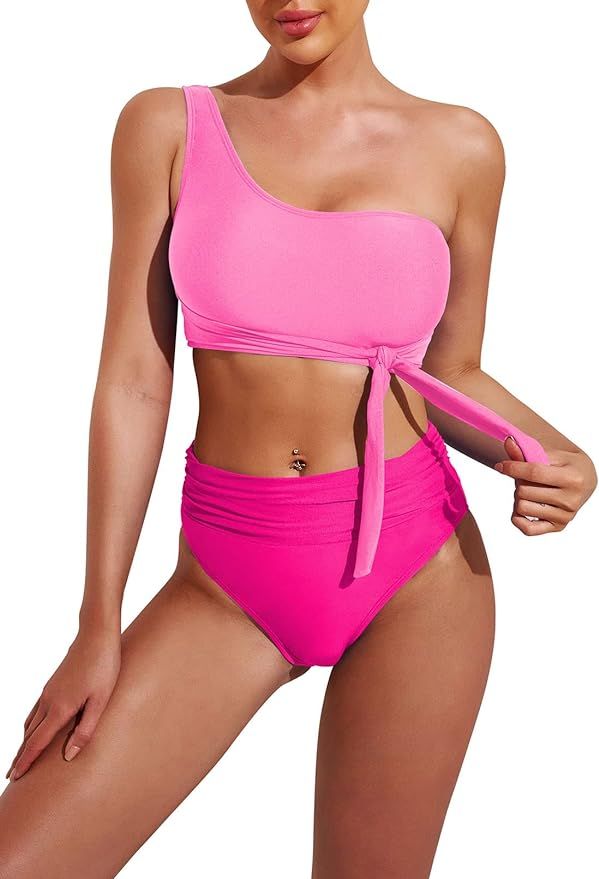Pink Queen Women's One Shoulder High Waisted Bikini Set Two Piece Tie Ruched Swimsuit | Amazon (US)