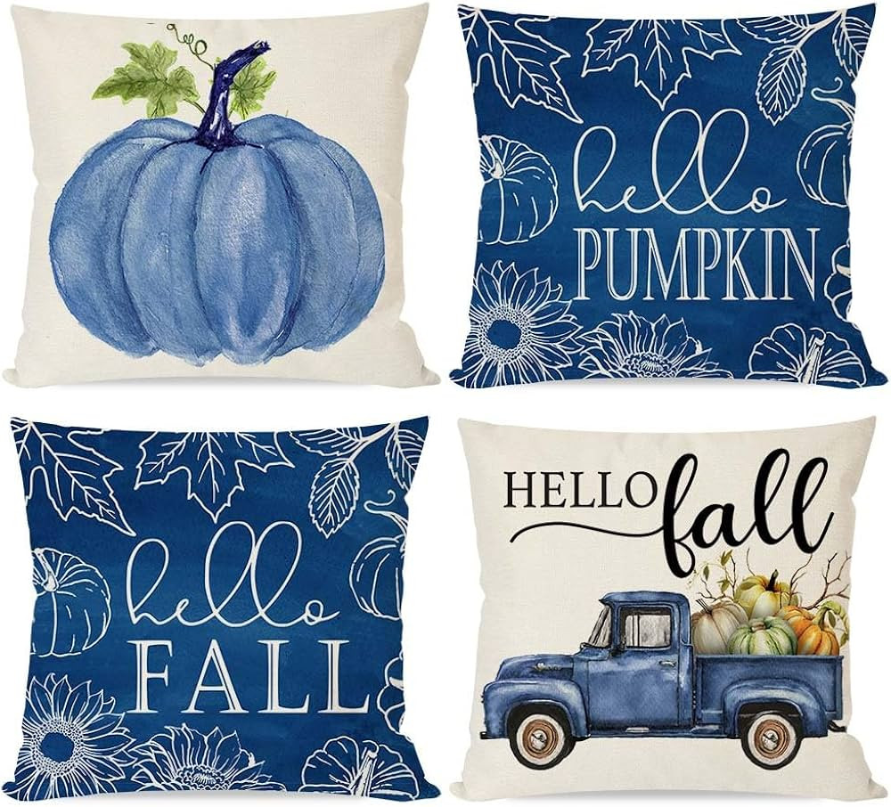 PANDICORN Blue Fall Pillow Covers 18x18 Set of 4 Hello Pumpkin Truck Leaves Outdoor Farmhouse Aut... | Amazon (US)