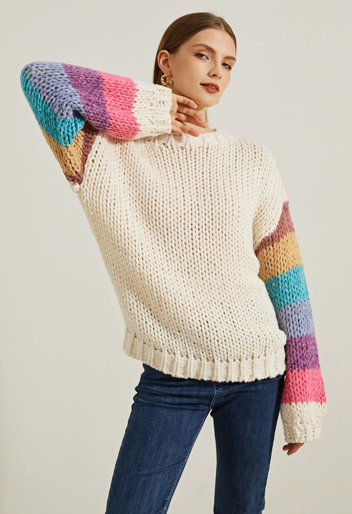 Colorblock-Sleeve Hand Knit Sweater | Chicwish