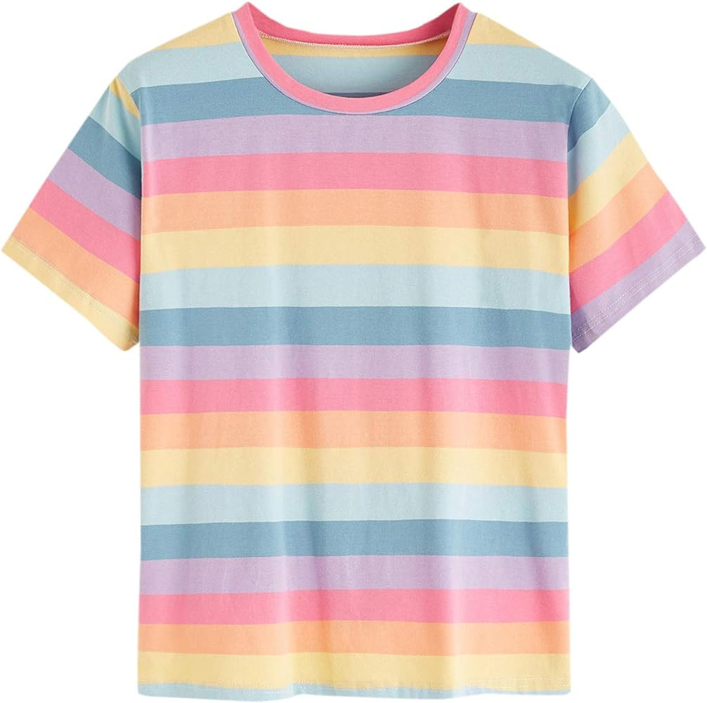 SweatyRocks Women's Casual Loose Short Sleeve Round Neck Striped Tee Shirt Top | Amazon (US)