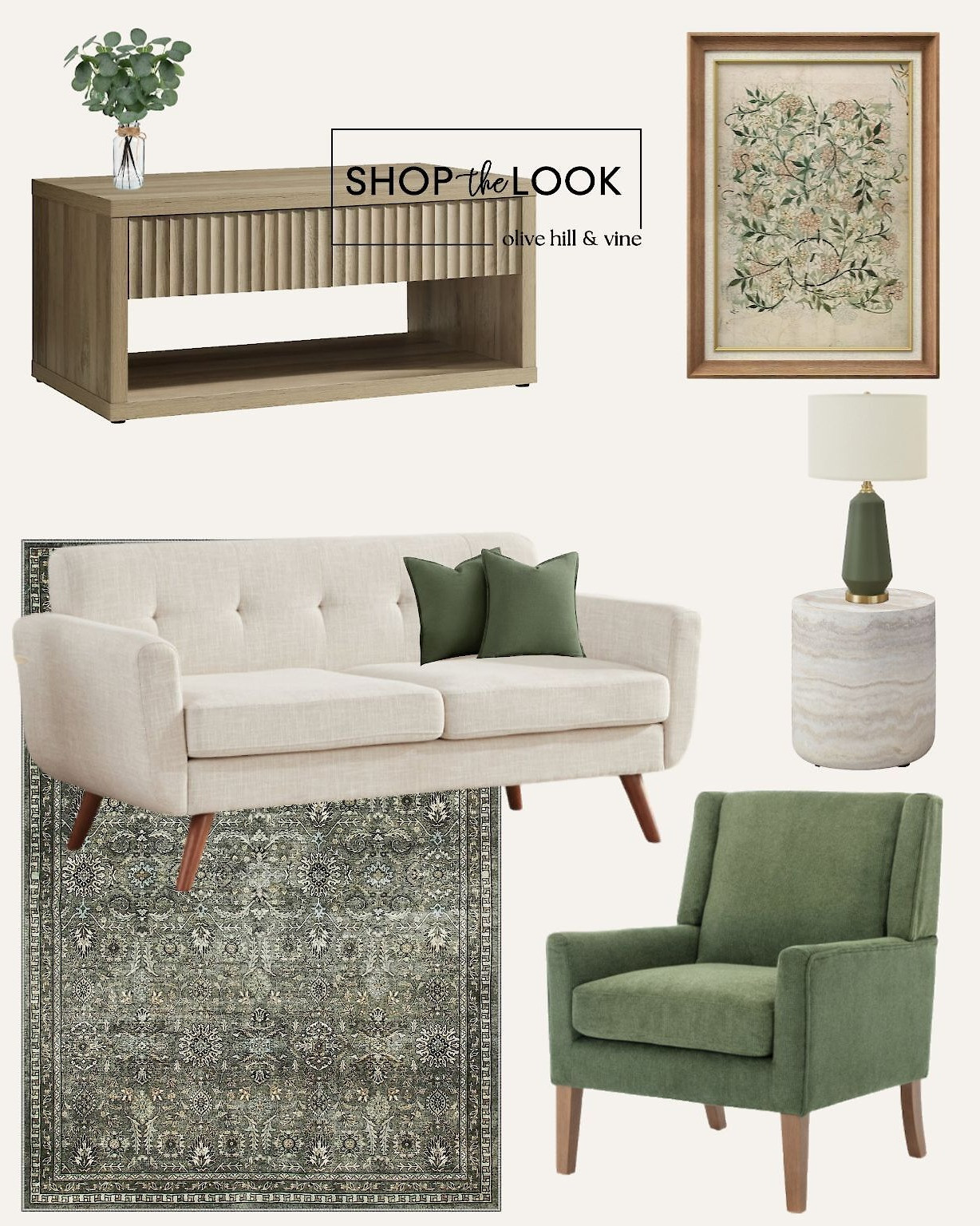 This living room is giving warm, inviting, and just the right touch of green. A beige linen loveseat meets a wide green armchair, fluted wood coffee table, and vintage olive rug. Green and gold-accented lighting along with botanical art tie it all together—effortless, yet stunning!  

 

#LTKHome #LTKStyleTip #LTKFamily