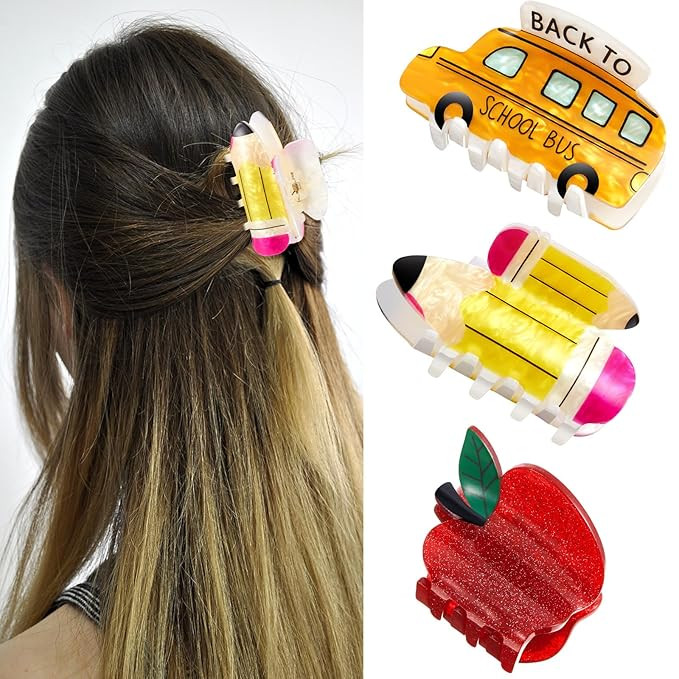 3 Pcs Pencil School Bus and Apple Hair Claw Clips Back to School Teacher Clips Cute Jaw Barrettes... | Amazon (US)