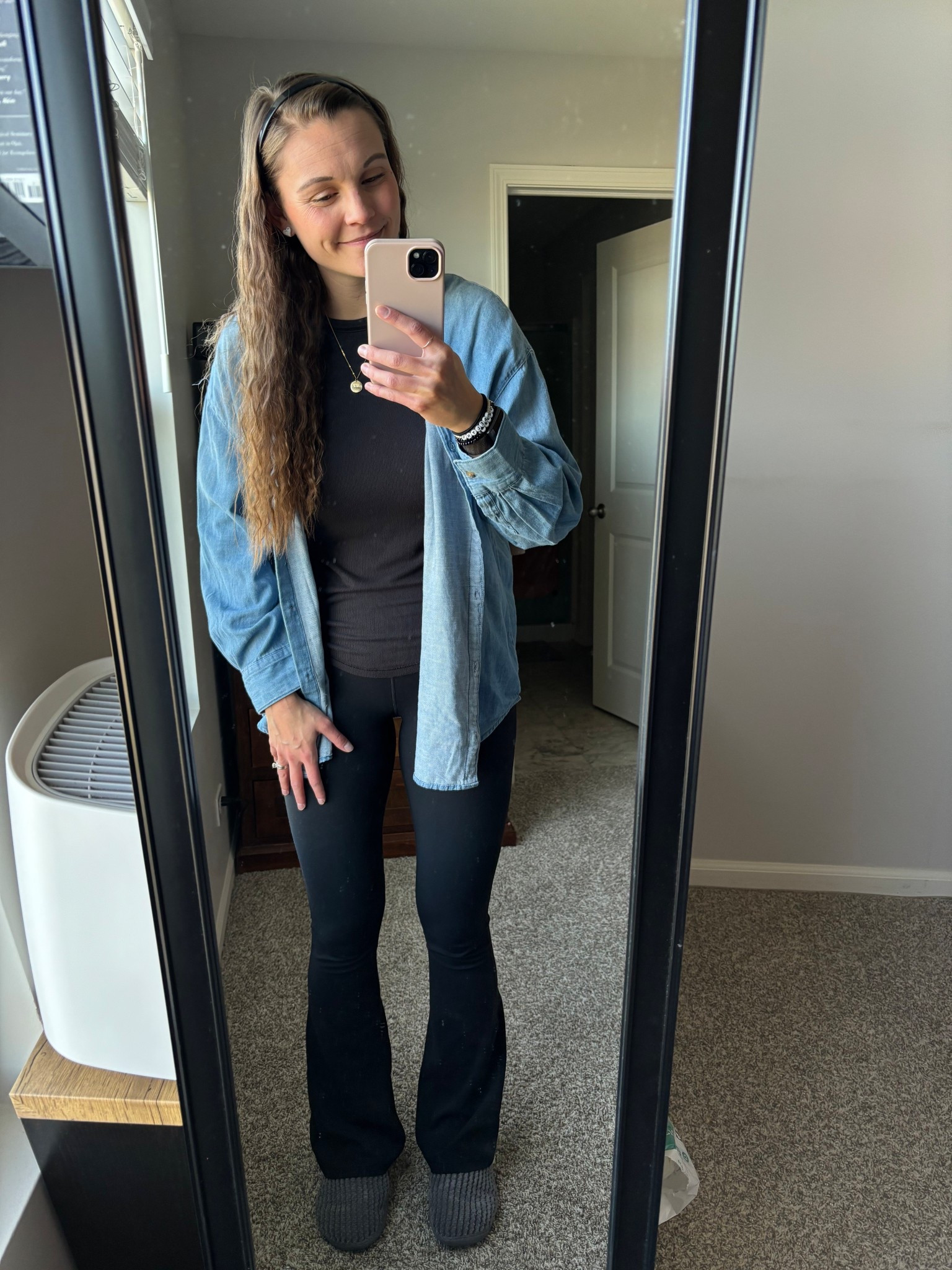 Cute denim shirt to wear with leggings! Love these flare ones that come in tall sizes too  Medium tall in all for me. 

#LTKTall #LTKmomlife #LTKActive