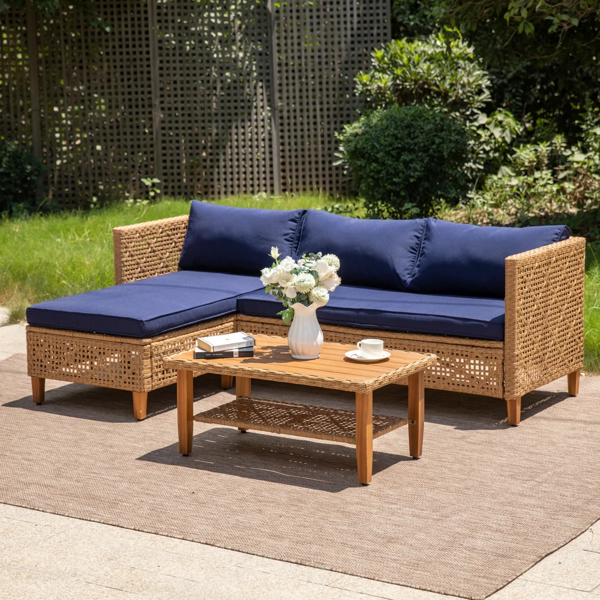 Outdoor Wicker Patio Conversation Furniture Set With Acacia Wood Coffee Table | Wayfair North America