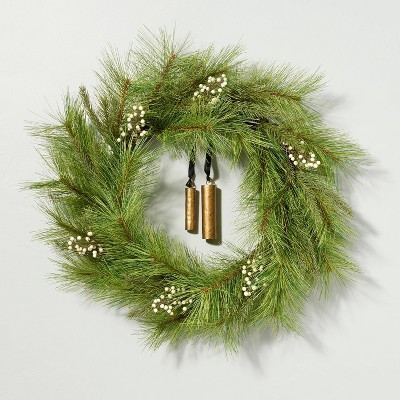 26" Faux Needle Pine & Snowberry Christmas Wreath with Bell Ornaments - Hearth & Hand™ with Mag... | Target