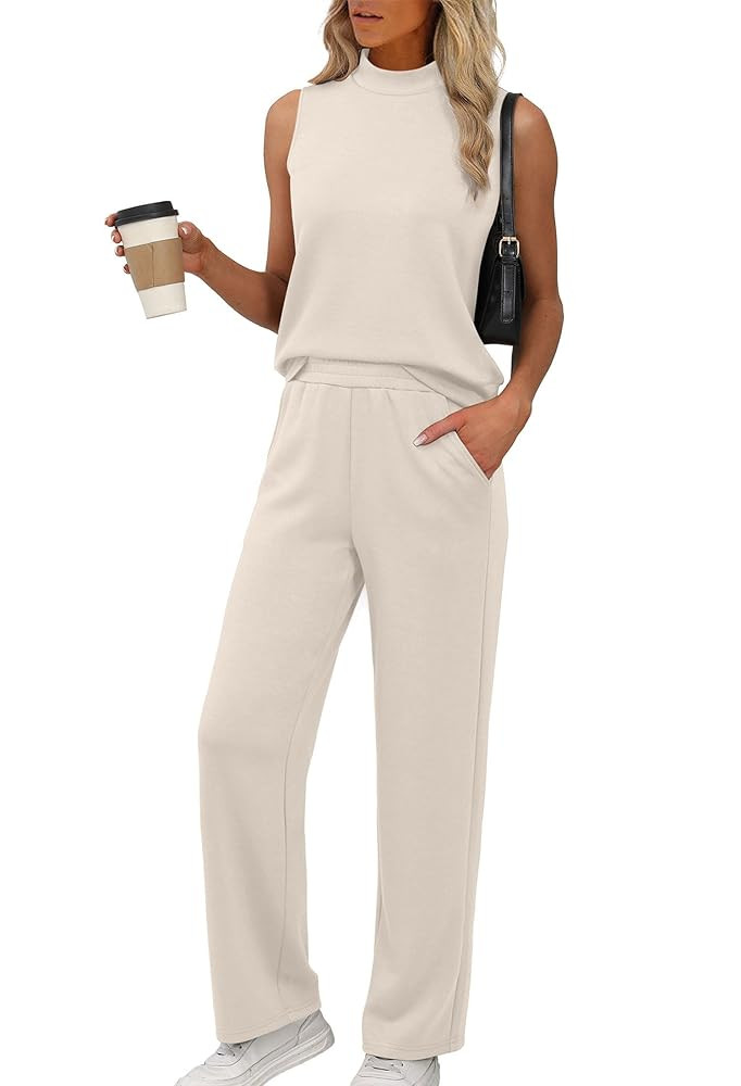 XIEERDUO Two Piece Sets for Women Summer Outfits Travel Mock Neck Lounge Sets Wide Leg Pants Beac... | Amazon (US)
