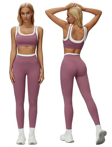 ABOCIW Workout Sets for Women Color Block Layered Sports Bra Matching Tummy Control High Wait Leggings 2 Piece Gym Sets Yoga Pilates Outfits Work Out Clothes Bean Medium | Amazon (US)