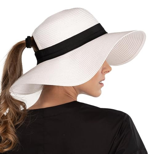 C.C Paper Straw Wide Brim Hat with Ponytail Opening - for Women (Straw, Ponytail-White) | Amazon (US)