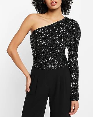 Sequin One Puff Shoulder Top | Express