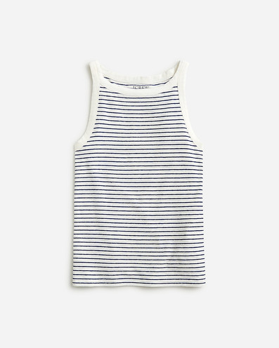 Click for more info about High-neck tank top in striped stretch linen blend