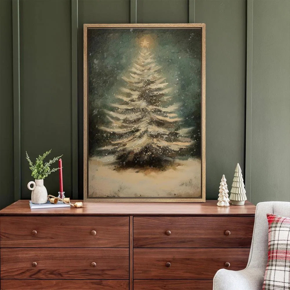 Vintage Green Christmas Pine Tree Snow Winter Holiday Decor Canvas Print Wall Art | Wayfair North America