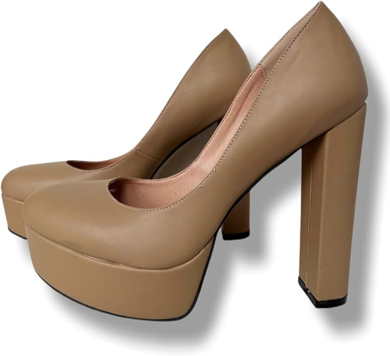 Frankie Hsu Ladies Sexy Platform Chunky High Heeled Pumps, Brown Nude Office Fashion Style, Big L... | Amazon (US)